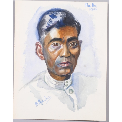 802 - B Pearless, portrait of an Indian man, Ha Ha, 1952, watercolour, 29cm x 22cm, unframed