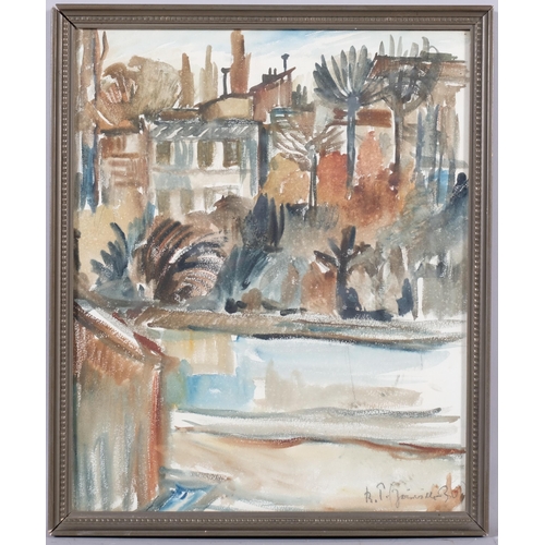 806 - Continental town scene, watercolour, signed with monogram BP, dated 1930, 36.5cm x 30cm, framed