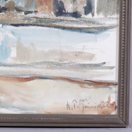 806 - Continental town scene, watercolour, signed with monogram BP, dated 1930, 36.5cm x 30cm, framed