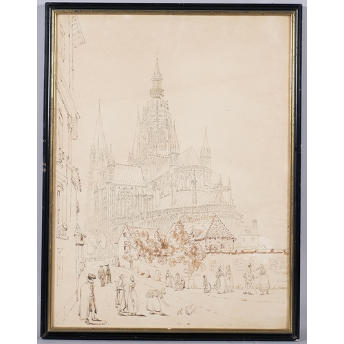 810 - Attributed to Joseph Farrington (1747 - 1821), Bayeux Cathedral, pen and ink drawing, 46cm x 35cm, f... 