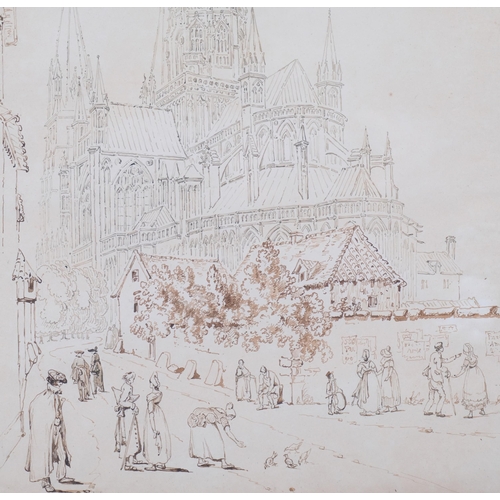 810 - Attributed to Joseph Farrington (1747 - 1821), Bayeux Cathedral, pen and ink drawing, 46cm x 35cm, f... 