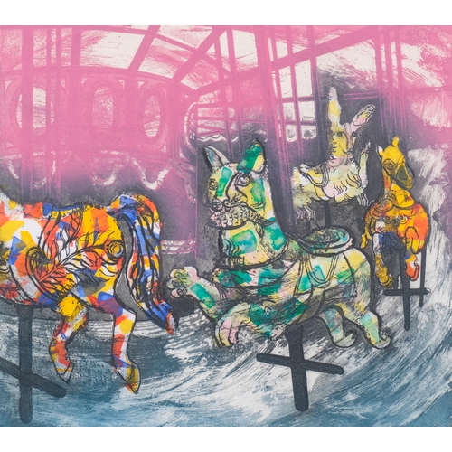 811 - Lorna Maynard, carousel, coloured etching, artist's proof, no. 3/4, signed in pencil, image 29cm x 3... 