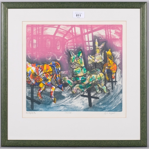 811 - Lorna Maynard, carousel, coloured etching, artist's proof, no. 3/4, signed in pencil, image 29cm x 3... 