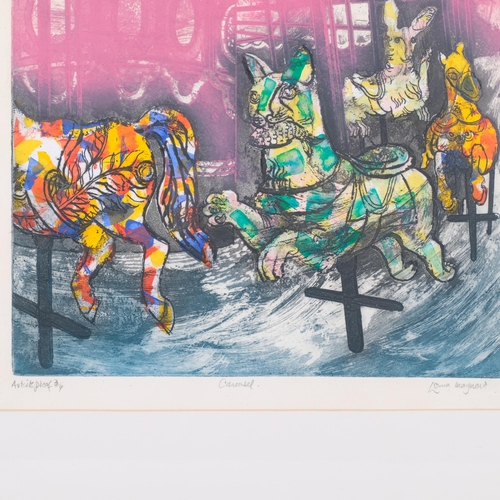 811 - Lorna Maynard, carousel, coloured etching, artist's proof, no. 3/4, signed in pencil, image 29cm x 3... 