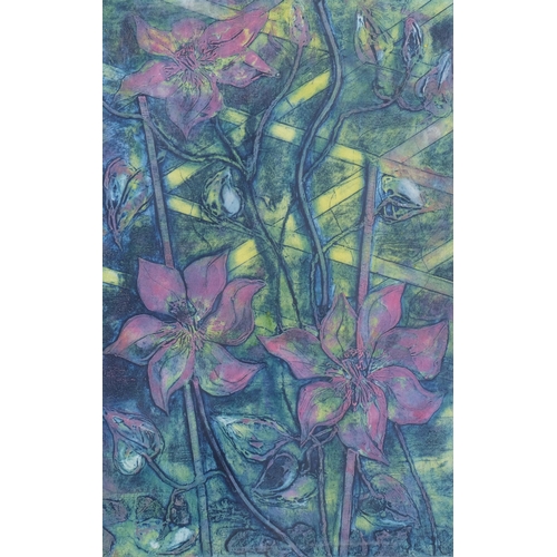 813 - Clematis, artist's proof coloured etching, indistinctly signed in pencil, plate 40cm x 26cm, framed