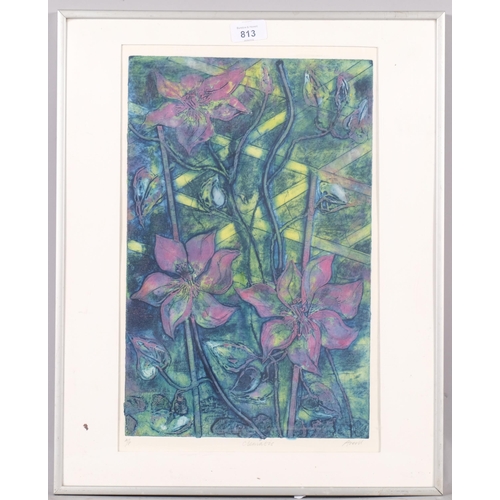 813 - Clematis, artist's proof coloured etching, indistinctly signed in pencil, plate 40cm x 26cm, framed