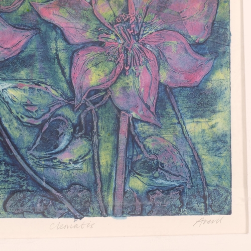 813 - Clematis, artist's proof coloured etching, indistinctly signed in pencil, plate 40cm x 26cm, framed