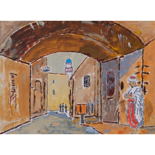 815 - Robert Clarke, North African street scene, 20th century oil on board, 13cm x 17.5cm, framed