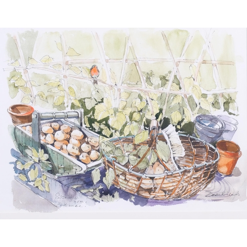 818 - Zillah Richard, 3 watercolours, Pembury allotments, 16cm x 28cm, greenhouse interior, 29cm x 39cm, a... 