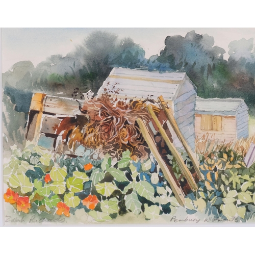 818 - Zillah Richard, 3 watercolours, Pembury allotments, 16cm x 28cm, greenhouse interior, 29cm x 39cm, a... 