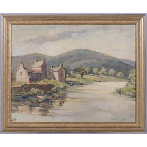 819 - E H Gander, The Wye at Monmouth, oil on board, 1955, Exhibition label verso, 37cm x 47cm, framed