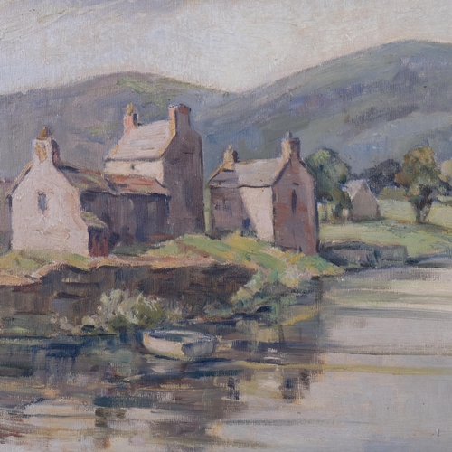 819 - E H Gander, The Wye at Monmouth, oil on board, 1955, Exhibition label verso, 37cm x 47cm, framed