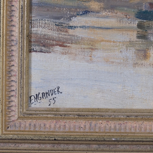 819 - E H Gander, The Wye at Monmouth, oil on board, 1955, Exhibition label verso, 37cm x 47cm, framed