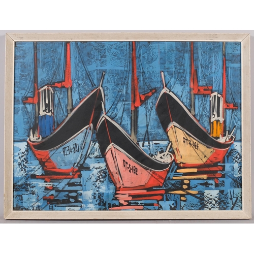 820 - 3 fishing boats, mid-20th century oil on board, signed with monogram EAS, 45cm x 61cm, framed