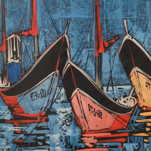 820 - 3 fishing boats, mid-20th century oil on board, signed with monogram EAS, 45cm x 61cm, framed