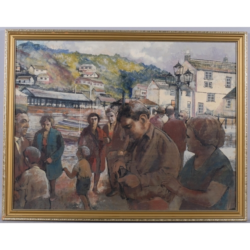 821 - Figures at the harbour, mid-20th century oil on board, unsigned, 54cm x 70cm