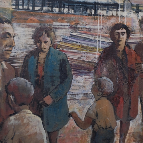 821 - Figures at the harbour, mid-20th century oil on board, unsigned, 54cm x 70cm