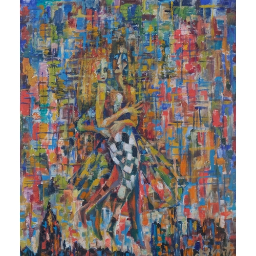 822 - Abstract dancers, oil on board, indistinctly signed, dated 1965, 60cm x 50cm, framed