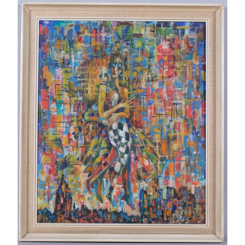 822 - Abstract dancers, oil on board, indistinctly signed, dated 1965, 60cm x 50cm, framed