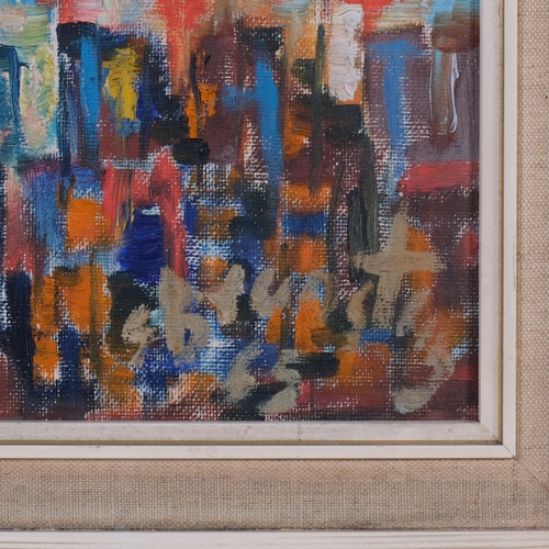 822 - Abstract dancers, oil on board, indistinctly signed, dated 1965, 60cm x 50cm, framed