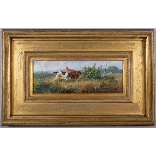 825 - Gundogs and game birds, late 19th century German oil on wood panel, indistinctly signed, 13cm x 36cm... 