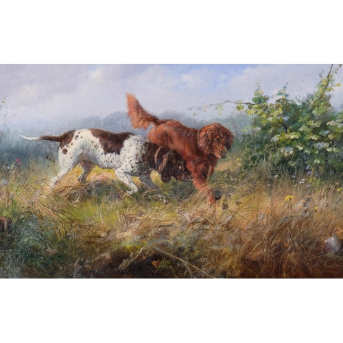 825 - Gundogs and game birds, late 19th century German oil on wood panel, indistinctly signed, 13cm x 36cm... 