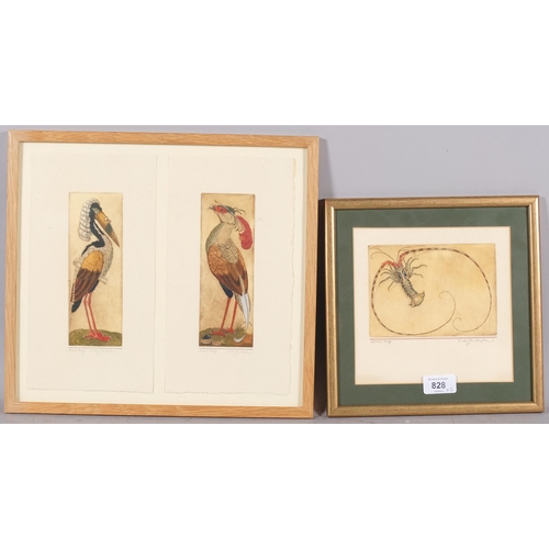 828 - Charles Van Sandwik (Canadian), 3 coloured etchings, crayfish, 10cm x 15cm, and 2 bird caricatures, ... 