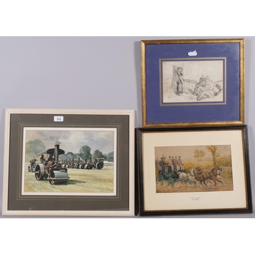 830 - 3 watercolours; Alex Moon, Crowford Steam Rally, watercolour, 25cm x 36cm, H Alken, The York Coach, ... 