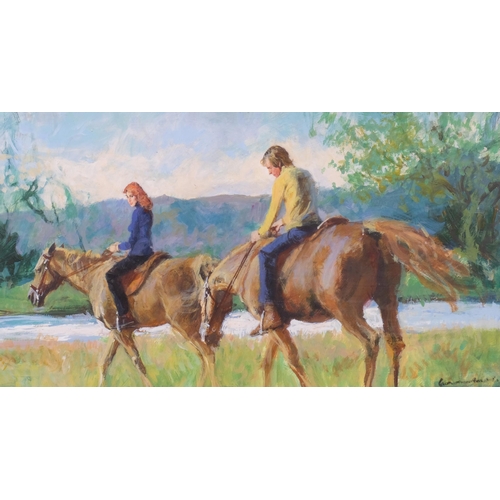 831 - Alfred Laurent, a ride by the river, acrylic on board, book illustration, signed, 31cm x 56cm, frame... 