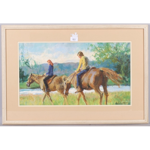 831 - Alfred Laurent, a ride by the river, acrylic on board, book illustration, signed, 31cm x 56cm, frame... 