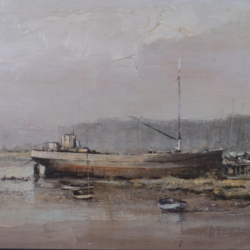 832 - Alan Simpson, cargo boat at low tide, oil on canvas, 1971, signed, 46cm x 70cm, framed