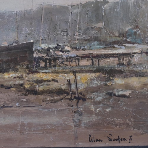 832 - Alan Simpson, cargo boat at low tide, oil on canvas, 1971, signed, 46cm x 70cm, framed