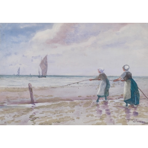 833 - Hutton Mitchell (1872 - 1939), Dutch fishergirls at the beach, watercolour, signed, 36cm x 53cm, fra... 