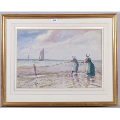 833 - Hutton Mitchell (1872 - 1939), Dutch fishergirls at the beach, watercolour, signed, 36cm x 53cm, fra... 