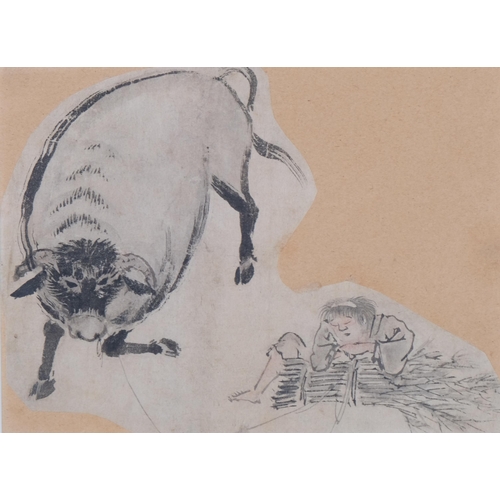 855 - Domoto Insho (1891 - 1975), buffalo (fragment from a sketchbook), watercolour, 15cm x 19cm, framed, ... 