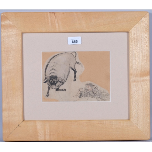 855 - Domoto Insho (1891 - 1975), buffalo (fragment from a sketchbook), watercolour, 15cm x 19cm, framed, ... 