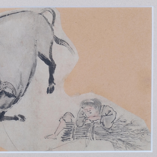 855 - Domoto Insho (1891 - 1975), buffalo (fragment from a sketchbook), watercolour, 15cm x 19cm, framed, ... 