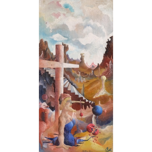 858 - James Meikle Guy (1909 - 1983), surrealist landscape, oil on canvas, signed with monogram, 36cm x 18... 