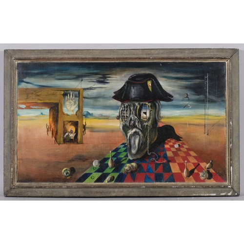 859 - Richard Benedetti (American, 1925 - 1992), surrealist composition, oil on panel, 33cm x 57cm, framed