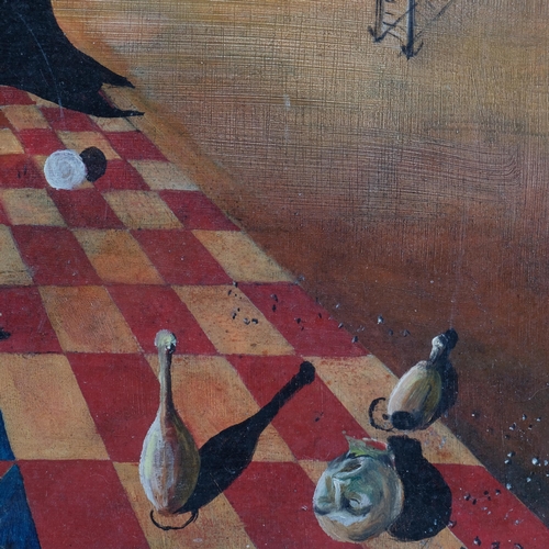 859 - Richard Benedetti (American, 1925 - 1992), surrealist composition, oil on panel, 33cm x 57cm, framed