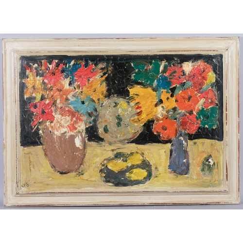 863 - Still life flowers, impasto oil on board, indistinctly signed, 50cm x 75cm, framed