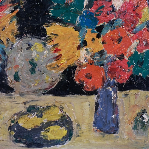 863 - Still life flowers, impasto oil on board, indistinctly signed, 50cm x 75cm, framed