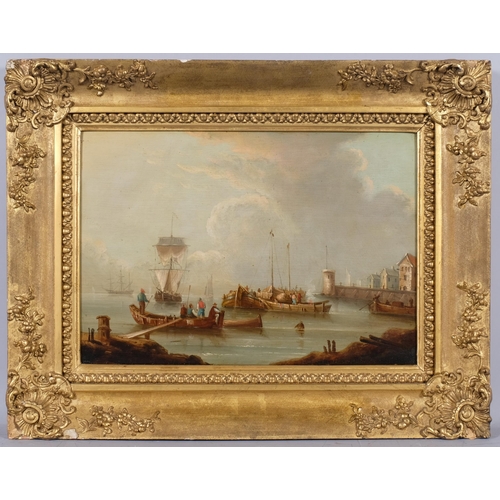 864 - Attributed to Peter Domerson, Continental harbour scene, oil on wood panel, inscribed verso, 35cm x ... 