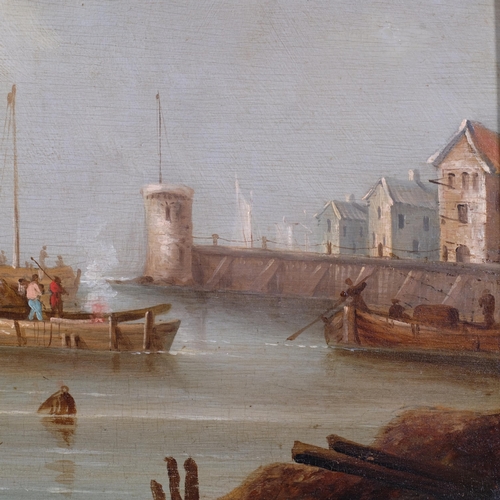 864 - Attributed to Peter Domerson, Continental harbour scene, oil on wood panel, inscribed verso, 35cm x ... 