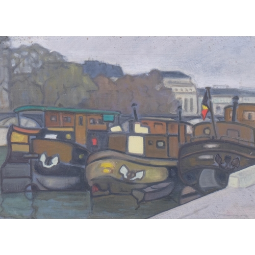 870 - Moored barges on a canal, 20th century oil on board, unsigned, 24cm x 34cm, framed and glazed