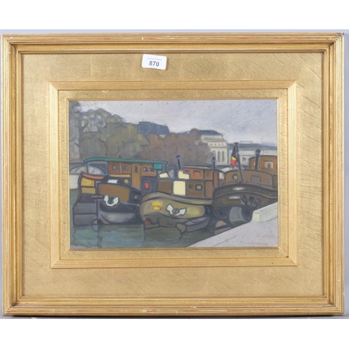 870 - Moored barges on a canal, 20th century oil on board, unsigned, 24cm x 34cm, framed and glazed