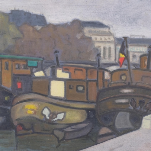 870 - Moored barges on a canal, 20th century oil on board, unsigned, 24cm x 34cm, framed and glazed