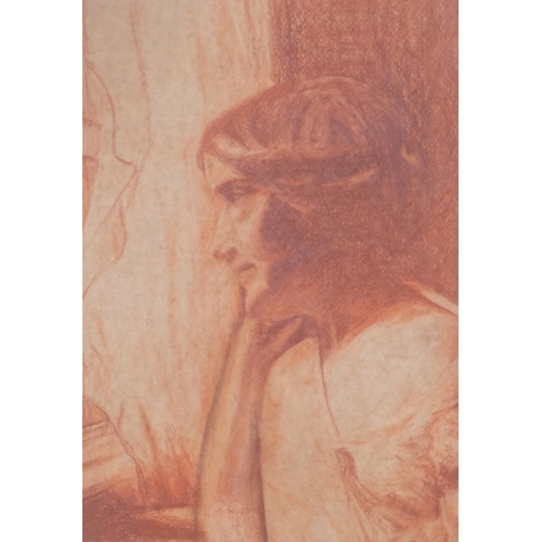 871 - Woman by a window, early 20th century sanguine chalk on paper, unsigned, 30cm x 21cm, framed