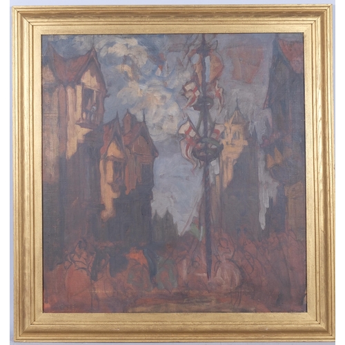 872 - Style of Frank Brangwyn, street scene, oil on canvas, unsigned, 60cm x 57cm, framed