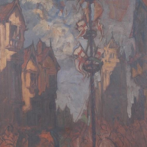 872 - Style of Frank Brangwyn, street scene, oil on canvas, unsigned, 60cm x 57cm, framed